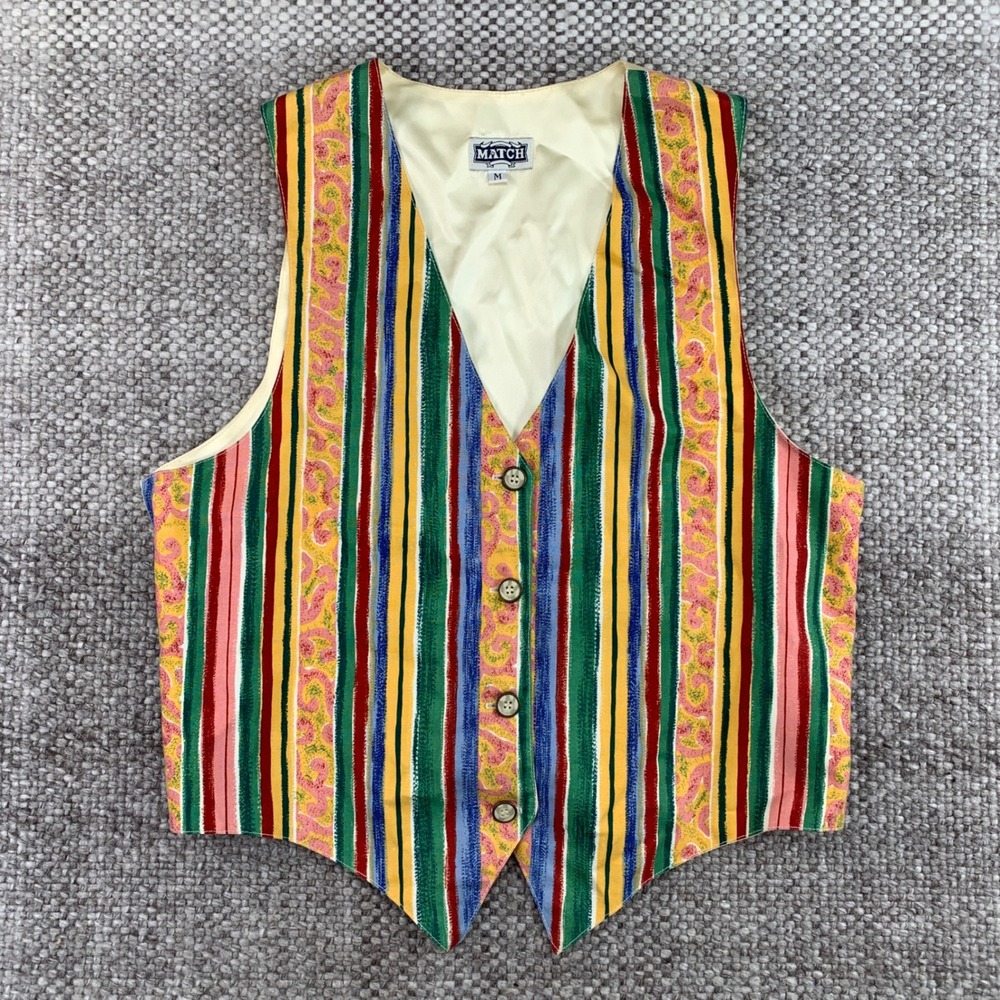 Match Vest Mens Medium Multicolor Striped Paisley Cotton Boho Art to Wear V-Neck